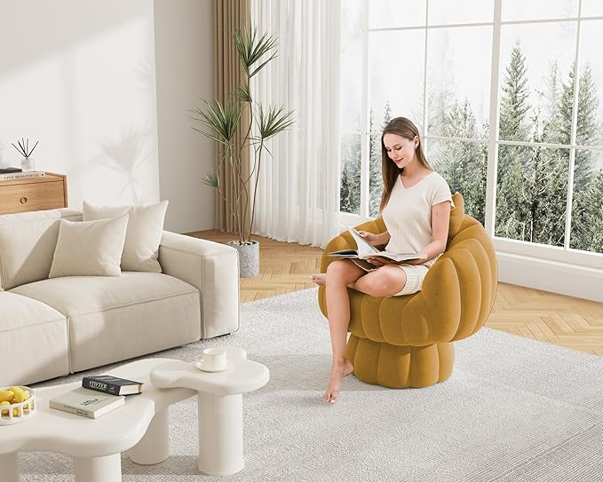 Mid Century Modern 360 Degree Barrel Swivel Accent Sofa Chair,Fluffy Velvet Fabric Lounge Wide Upholstered Pumpkin Reading Chair, Round Cloud Armchair for Living Room,Bedroom,Vanity(Mustard)