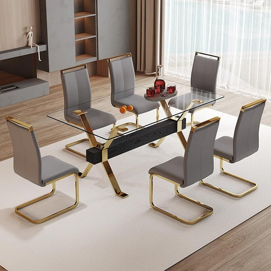 7 Piece Glass Dining Table Set, Kitchen Table Chairs Set for 6, 71'' Dining Table with 0.4" Tempered Glass Tabletop with Plated Metal Legs and MDF Crossbar, 6 PU Chairs for Dining Room, Kitchen.