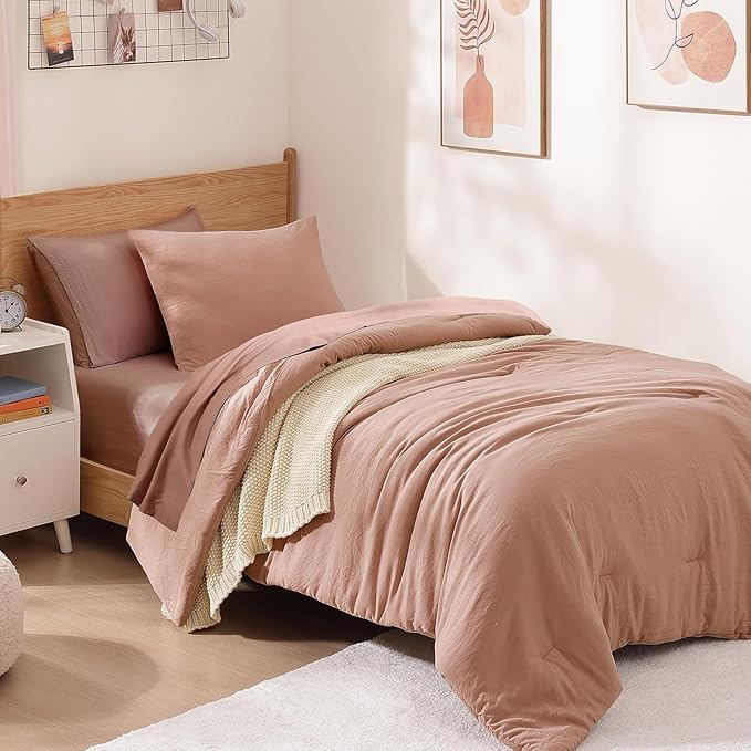 WRENSONGE Twin Comforter Set- 5 Pieces Clay Pink Twin Bed in a Bag, All Season Twin XL Bedding Sets with 1 Fitted Sheet, 1 Flat Sheet, 1 Pillow Sham and 1 Pillowcase
