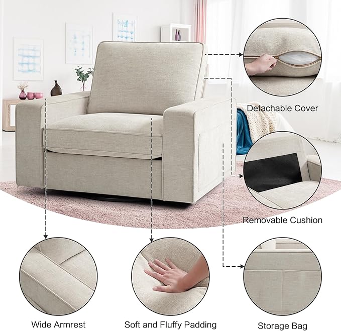 Swivel Accent Chair for Living Room Comfy Single Sofa Chair Soft&Breathable Padding with Extra Wide Armrests Washable Detachable Cover (Beige)