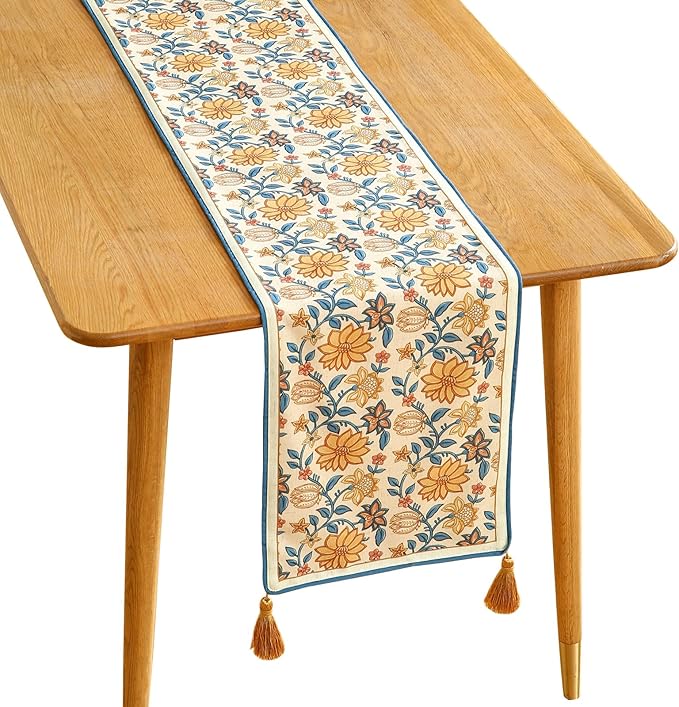 Designer Bohemian Elegant Linen Table Runner 87 Inches Long,Floral Pattern Duable Decor Table Runners for Dining Tables,Thanksgiving,Kitchen Tables,Christmas,12"*87"-Estevan B