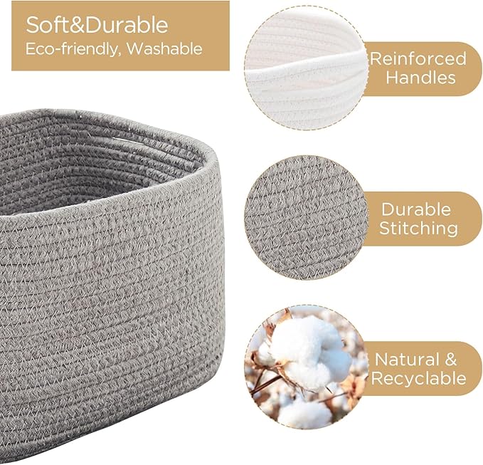Small Cotton Rope Basket – Storage Bin for Organizing (10.6" x 6.7" x 6.7"), Bathroom Storage Basket for Shelf, Counter & Closet（Grey）