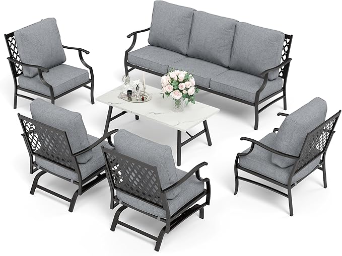 HERA'S HOUSE 6 Piece Patio Furniture Set, 2 x Rocking Chair, 2 x Fixed Chair, 1 x 3-Seat Sofa with Marbling Coffee Table, All Cushioned 7 Seats Outdoor Conversation Set for Lawn Garden Backyard, Grey