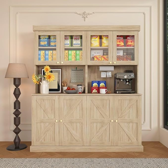 71" Farmhouse Kitchen Pantry Cabinet Set of 4, Brown Freestanding Coffee Bar with Glass Doors, Microwave Stand, Large Storage Hutch with Adjustable Shelves for Kitchen or Living Room
