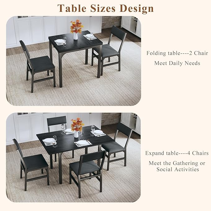 Dining Table Set for 4, Extendable Kitchen Table Cushion Chairs Set of 4, Rectangle Dining Table with Metal Frame & MDF Board, Folding for Small Apartment Saving Space, Black
