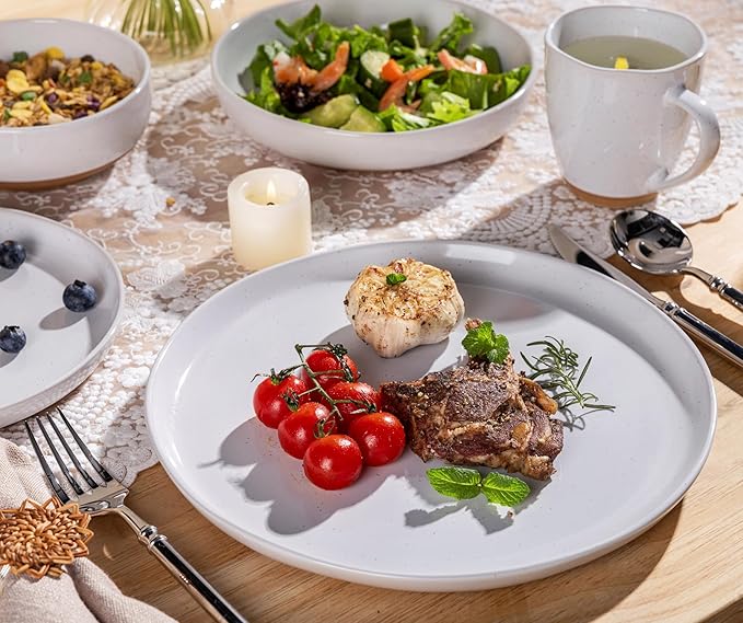 AmorArc 16 Pieces Ceramic Dinnerware Sets for 4, Handpainted Plates and Bowls Set with Rustic Terracotta Underside, Scratch Resistant Stoneware Dishes Set, Dishwasher & Microwave Safe, White