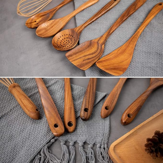 AIUHI 10 Pack Wooden Spoons for Cooking, Teak Wood Kitchen Utensils Set for Non Stick Use, Spatula Set for Stirring, Baking, Non Stick Wooden Utensils for Kitchen