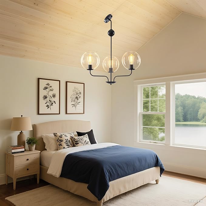 3-Light Modern Globe Cluster Pendant Lighting Chandelier with Clear Glass Spheres and Black Metal Frame