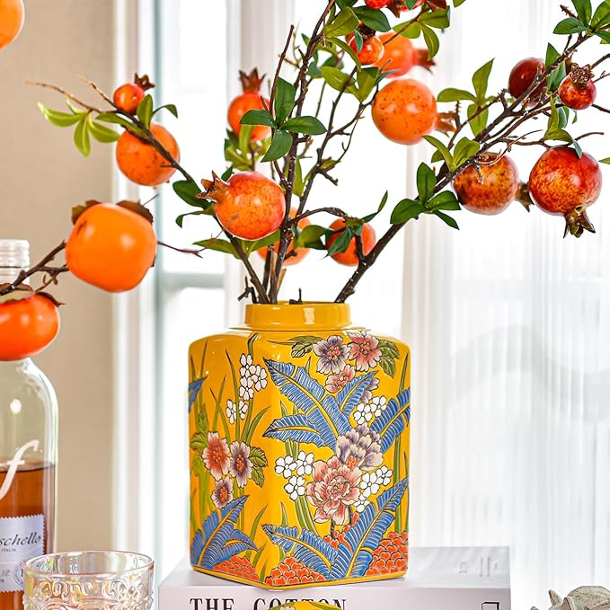 Sungmor Decorative Ceramic Ginger Jar with Lid, Square Ceramic Storage Jar Tea Canister, 8.2" Hand Painted Floral Pattern Porcelain Vase for Table Centerpiece, Yellow Glazed Ginger Jar for Home Decor