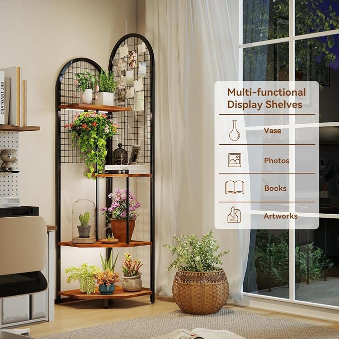 4-Tier Plant Stand with Grow Lights, 63in Tall Corner Shelf for Indoor Plant, 3-Color Adjustable Full-Spectrum Light, Multifunctional Flower Display Rack for Living Room, Patio, Hallway, Black