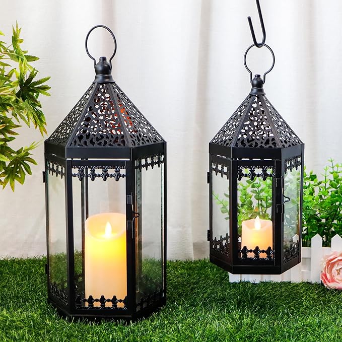 TRIROCKS Set of 2 Deacorative Candle Lantern 16'' & 12'' High Metal Candle Holder Hanging Lanterns with Tempered Glass Perfect for Indoor Outdoor Home Decor Parties Garden Events Wedding (Black)
