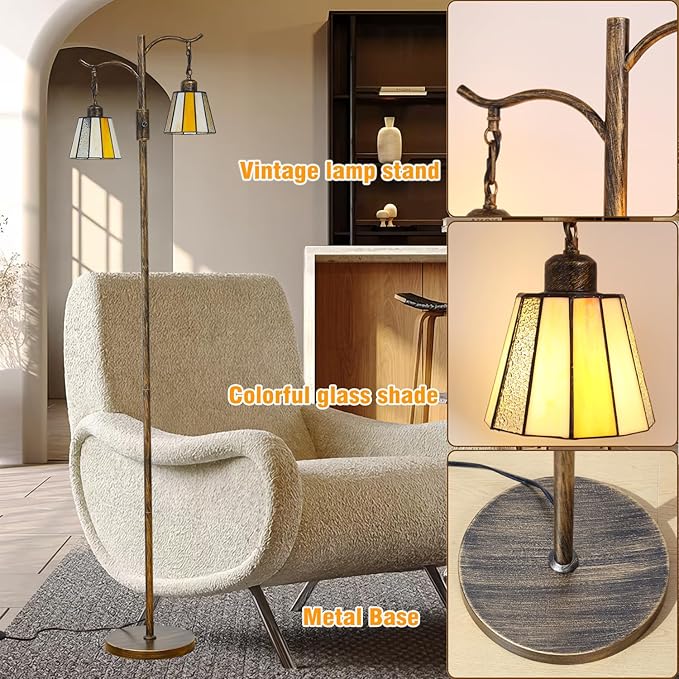 Vintage Dimmable Floor Lamp, Tiffany Standing Lamp with 2 Stained Glass Shades, Rustic Farmhouse Floor Lamp with Bronze Finish for Living Room Bedroom