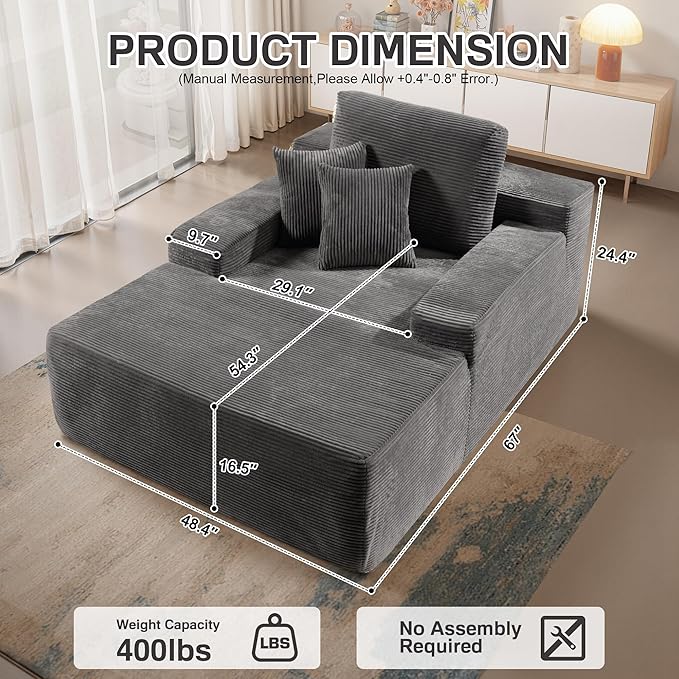 Chaise Lounge Chair Indoor, 67" Oversized Comfy Corduroy Sleeper Sofa Bed, Boneless Upholstered Recliner Bed with Pillows and Wide Armrests, Modern Cloud Couch for Living Room, Grey