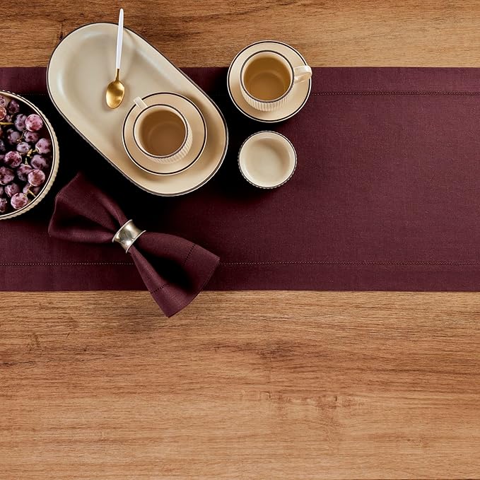 Solino Home Linen Burgundy Table Runner 156 Inches Long - 100% Pure Linen Extra Long Table Runner 14 x 156 Inch for Christmas, Fall, Autumn, Thanksgiving - Classic Hemstitch