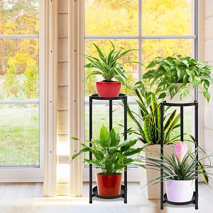 2 Tier Plant Stand Indoor, Black Corner Tiered Tall Plant Stand for Outdoor Multiple Plants, Metal Flower Pot Stands Holders Plant Display Shelf for Balcony Living Room Garden Patio(2Pcs)