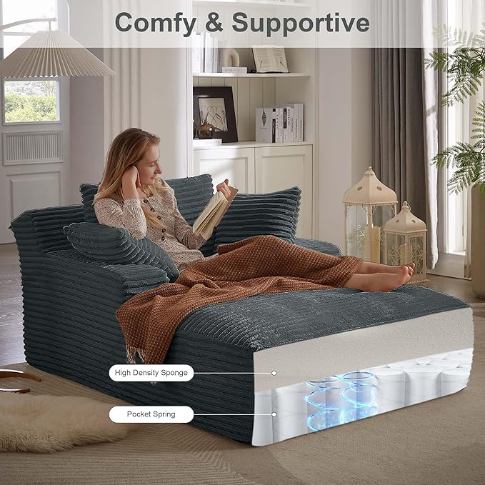 GNIXUU Oversized Chaise Lounge Chair Indoor, Comfy Fluffy Boneless Lounge Sofa Upholstered Sleeper Sofa Couch with Throw Pillows and Armrests, Corduroy Plush Chair Bed for Living Room, Gray