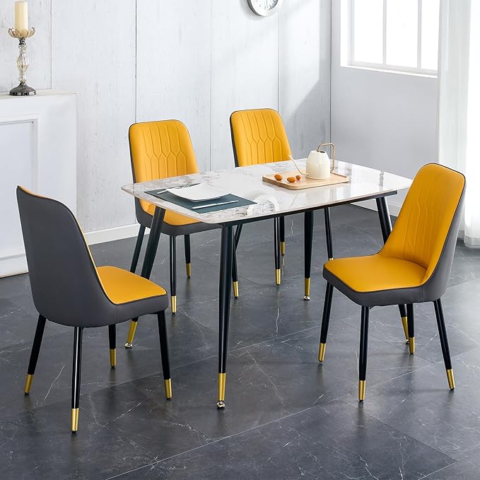 5 Pieces Modern Sintered Stone Dining Table Set 50" Rectangular Faux Marble Kitchen Table with 4 PU Leather Chair Dinner Set(1Faux Marble Table+4Orange and Gray Chairs)