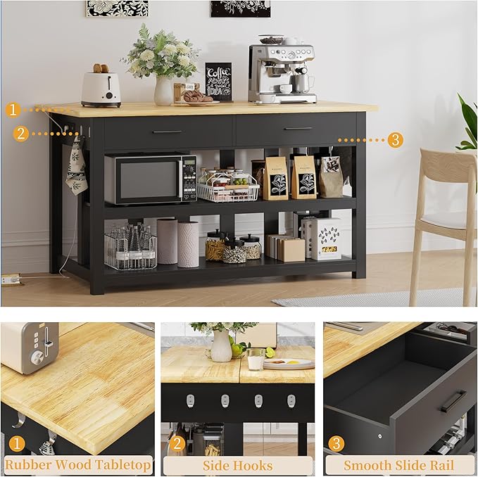 47.3" Solid Rubberwood Kitchen Island with Power Outlets - Extra Large Work Surface, 2 Drawers & Open Shelves Storage Cabinet for Kitchen Dining Room, Farmhouse Style (Black)