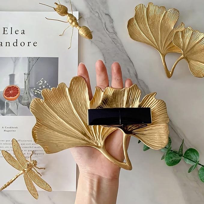 Metal Jewelry Dish, Small Leaf Shaped Ring Holder Jewelry Organizer, Trinket Dish Vanity Tray for Dresser Christmas Birthday Wedding Gifts 2-Tier Ginkgo(Large)-gold