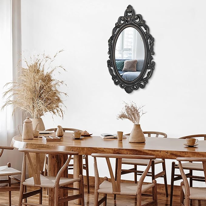 Black Oval Wooden Frame Vintage Wall Mirror Baroque Style Arendahl Traditional Carved Hanging Mirror for Wall Decorative Antique Mirror Aesthetic for Vanity Bedroom Living Room Kitchen Entryway