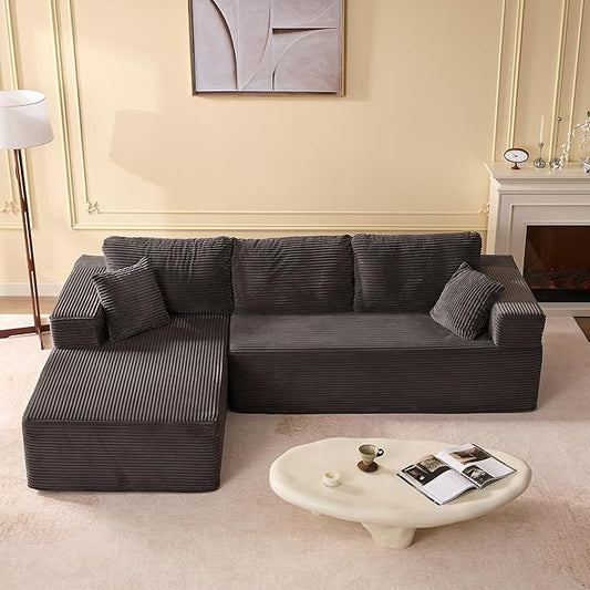 107" Boneless Couch with Deep Seat, Modular Sectional Sofa, Cloud Sectional Couch for Living Room, No Assembly Required, Corduroy, L-Shape Left，Grey