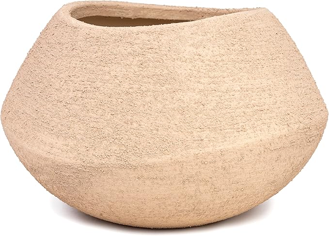 Textured Sand Ceramic Bowl Vase - Handcrafted Wabi-Sabi Planter - Natural Stone Finish Flower Holder - Organic Shape Pottery - Minimalist Zen Decor - Artisan Rough Texture Container