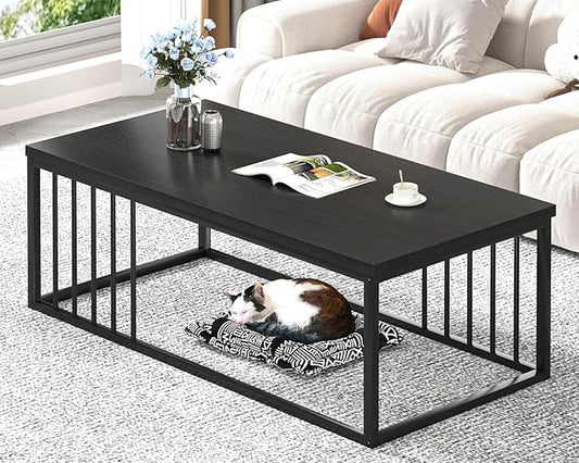 FOLUBAN Black Coffee Table, Modern Industrial Wood and Metal Center Table, Rectangle Cocktail Tea Table for Living Room, Black, 43.3 Inch