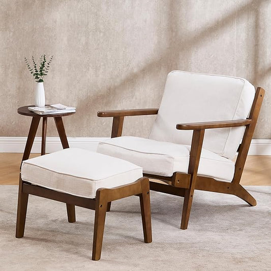 Living Room Accent Chairs Mid Century Modern Reading Arm Chair with Ottoman, Fabric Bedroom Chair with Soild Wood Frame, Elegant Upholstered Side Chair, Beige-Fabric