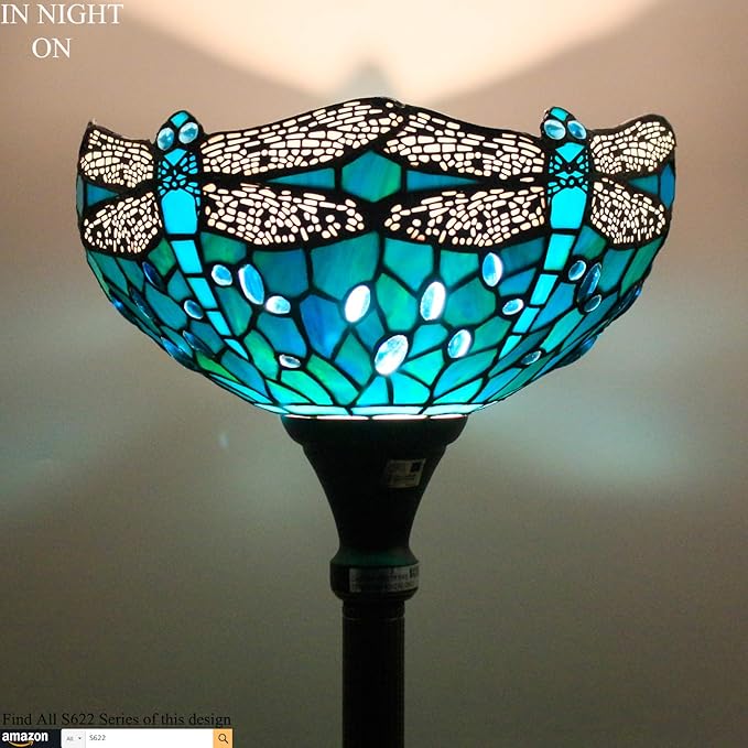 WERFACTORY Tiffany Floor Lamp Green Stained Glass Dragonfly Light 12X12X71 Inches Pole Torchiere Standing Corner Torch Uplight Decor Bedroom Living Room Home Office S622 Series (B)
