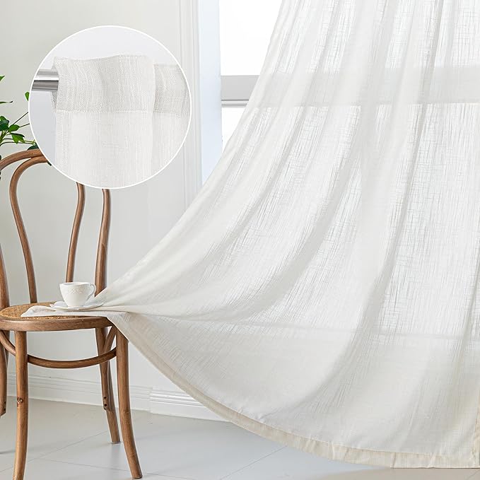 MYSKY HOME Natural Linen White Curtains 84 Inches Long, Semi Sheer Soft Cotton Window Drapes Set for Living Room Back Tab Elegant Cute Look Country Bedroom Curtains, 50" x 84", Beige, Pack-2