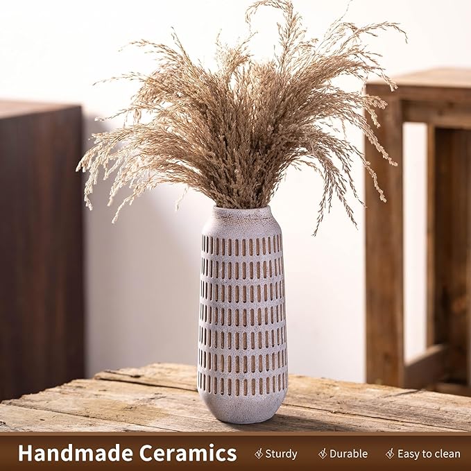 Rustic Ceramic Flower Vase, Terracotta Farmhouse Decorative Vintage Vases, Stone Clay Floral Vase, Concrete Grey Home Decor Vases for Living Room, Entryway, Kitchen, Bedroom, Bathroom Shelf 9.6 Inch