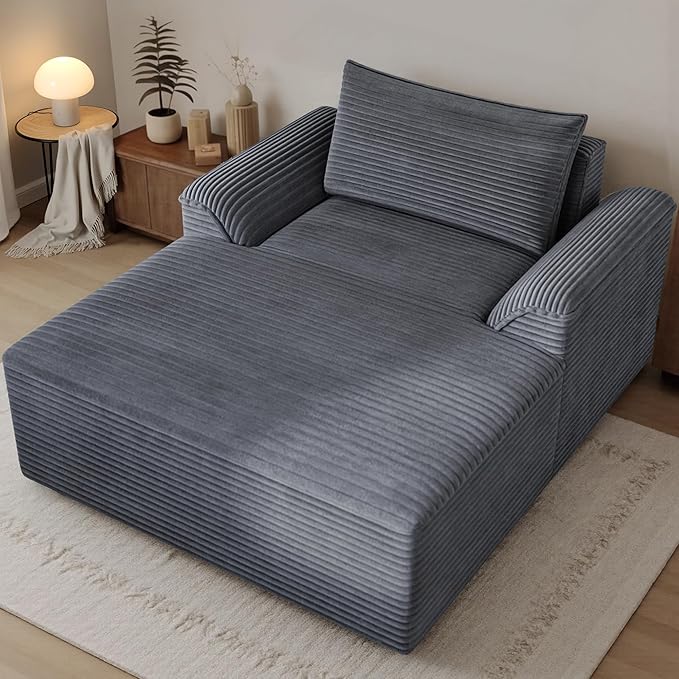 Claiks 68" Oversized Chaise Lounge Chair Indoor, Corduroy Upholstered Boneless Sofa Bed, Deep Seat Sleeper Couch with Pillows and Armrest, Cloud Sofas Reading Chair for Living Room, Dark Gray