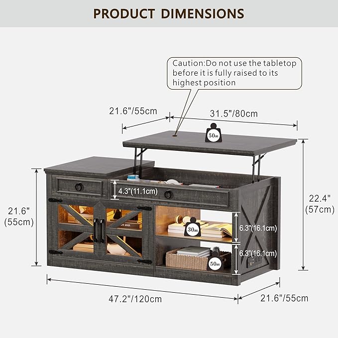 Lvifur 48" W Farmhouse Lift Top Coffee Table with LED Lights & Charging Station, Living Room Center Table with 2 Hidden Storage Compartments, Lifting Tabletop and Adjustable Shelf (Dark Rustic Oak)