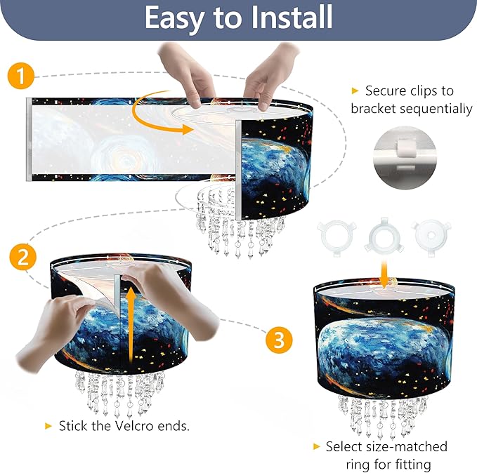 Star Vision Universe Themed Fabric Lampshade with Crystal Beaded Droplets, Space Planet Sun Light Shade for Pendant Table Wall & Floor Lamps, Space Lover Children Kid Bedroom Decor