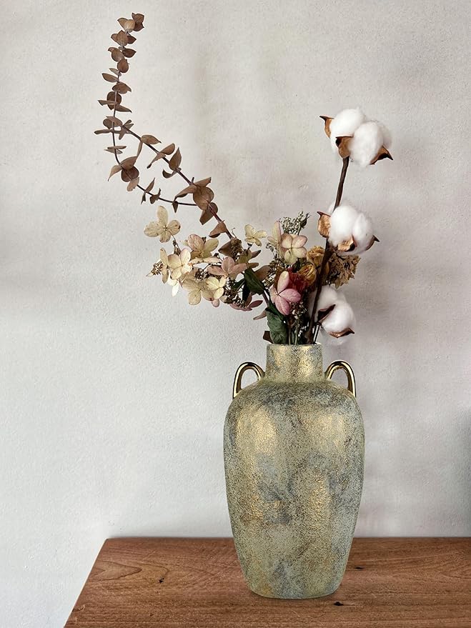 Large Ceramic Vase, 13.7" Tall Rustic Farmhouse Vase, Vintage Flower Vase with 2 Ears, Electroplated Terracotta Rustic Vases for Home, Living Room, Shelf, Mantel, Entryway, Wedding, Table Centerpiece
