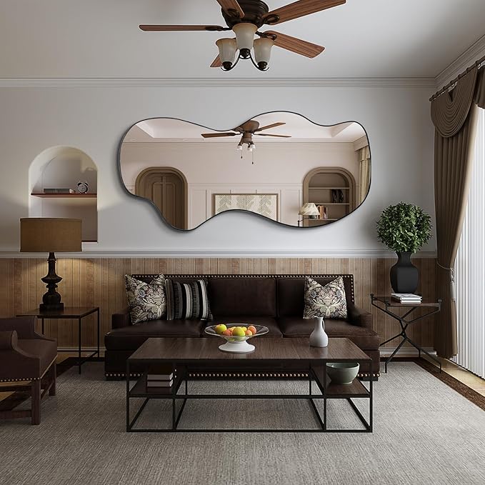 POZINO Irregular Mirror Full Length, Large Asymmetrical Wall Mirror, 63"x30" Wavy Shaped Mirrors, Modern Frameless Decorative Mirrors for Dressing Living Room Bathroom Bedroom Hallway Entryway