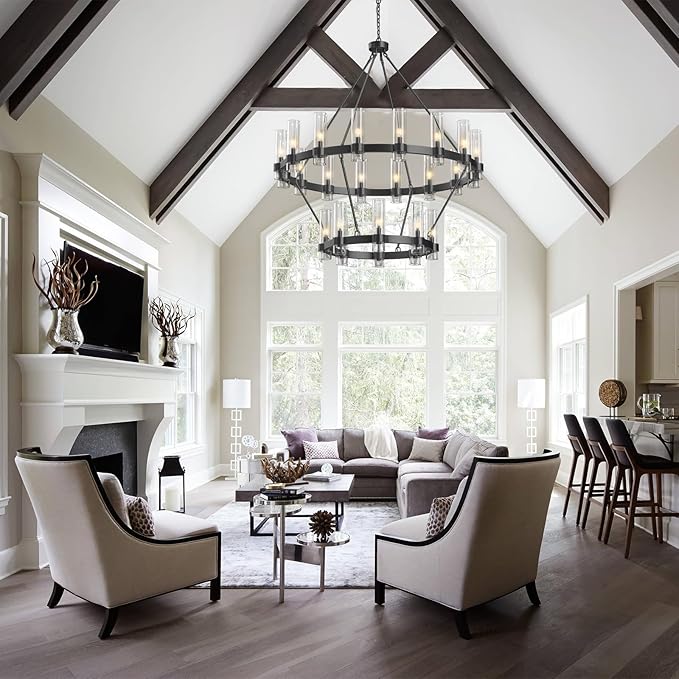 48" Black Chandelier, 2 Tier Wagon Wheel Chandelier with Glass Shade, 24-Lights Large Round Modern Farmhouse High Ceilings Pendant Lighting Fixture for Dining Room, Living Room, Kitchen, Foyer