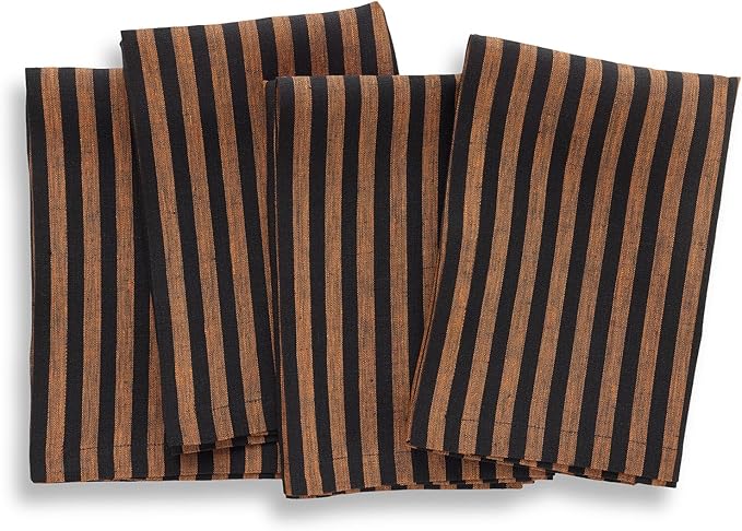 Solino Home Linen Napkins Set of 4-100% Pure Linen Amalfi Stripe Pumpkin and Black Cloth Dinner Napkins 20 x 20 Inch for Fall, Autumn, Halloween, Thanksgiving - Handcrafted and Machine Washable