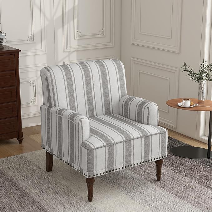 Lumibee Modern Accent Chair with Arms,Mid Century Stripe Armchair for Living Room,Comfy Linen Fabric Single Sofa for Apartment Bedroom,Comfortable Cushioned Seat for Reading Home Office-Gray Stripe