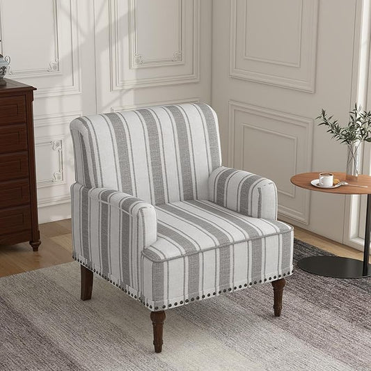 Lumibee Modern Accent Chair with Arms,Mid Century Stripe Armchair for Living Room,Comfy Linen Fabric Single Sofa for Apartment Bedroom,Comfortable Cushioned Seat for Reading Home Office-Gray Stripe