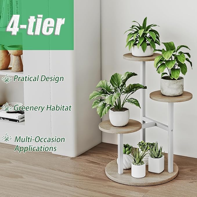 Plant Stand Indoor 4 Tier 5 Potted Multiple Flower Pot Holder for Patio Garden Balcony Living Room Corner (4 Tier White+Sonoma Oa)