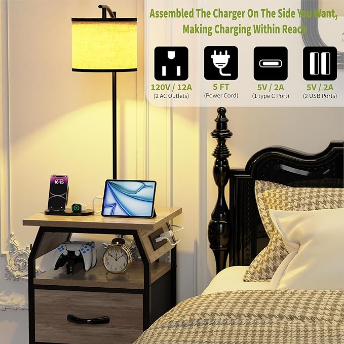 Floor Lamp with Table, End Tables with Lamps Attached 3-Color Temperature Bulb, Side Table with Lamp with 2 Drawers & Charging, Lamps Tables Combo for Bedroom, Dorm, Apartment - Greige