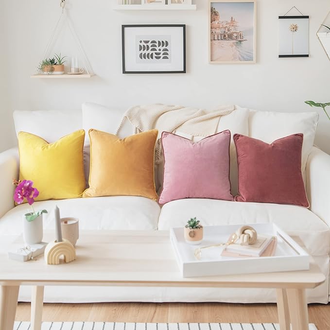 MONDAY MOOSE Decorative Throw Pillow Covers Cushion Cases, Set of 4 Soft Velvet Modern Double-Sided Designs, Mix and Match for Home Decor, Pillow Inserts Not Included (20x20 inch, Yellow/Pink)