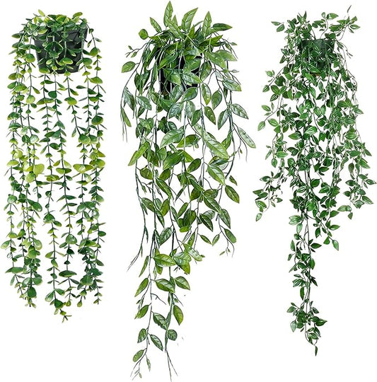 Sggvecsy Fake Hanging Plants 3 Pack Artificial Eucalyptus Fake Potted Greenery Faux Eucalyptus Mandala Vine Pea Pod for Home Indoor Outdoor Wall Garden Wedding Decor
