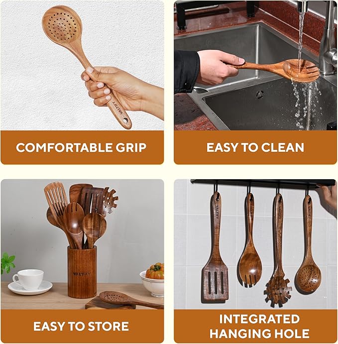 Kitchen Utensil Set | 17-Piece Wooden Cooking Utensils with Holder & Hooks | Teakwood Utensils Set for Cooking | Non Toxic Wooden Spoons | Spatulas & Kitchen Accessories