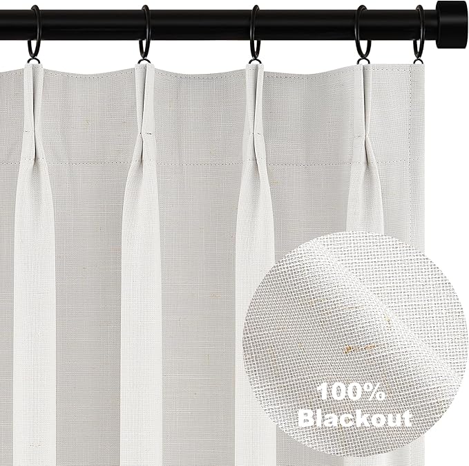 Topfinel 105 Inches Long Custom Black Out Faux Thick Linen Drapery Panels, Pinch Pleated Heat Reflective Cream Curtains with Pin Hooks, Luxury Lined Back Tab Drapes 2 Panels for Living Room