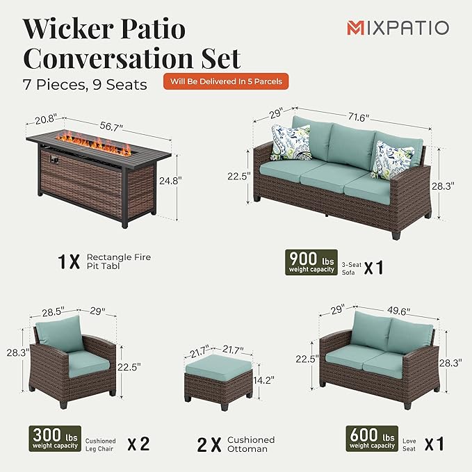 Patio Furniture Set, 7 Pcs Wicker Rattan Outdoor Conversation Set, 2 x Leg Chairs, 1 x 3 Seater Sofa, 1 x 2-Seat Lover Sofa and 2 x Ottomans with 4" Thick Cushion and 56" Fire Pit Table, Blue