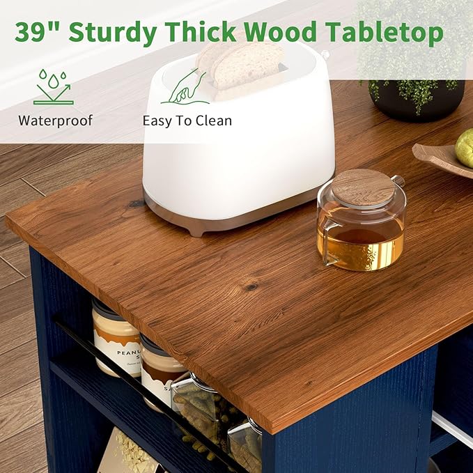 4 EVER WINNER Kitchen Island with Storage, Kitchen cart with Spice Rack & Towel Rack, Cabinet & Drawer, Small Kitchen Island with Open Shelves, Blue