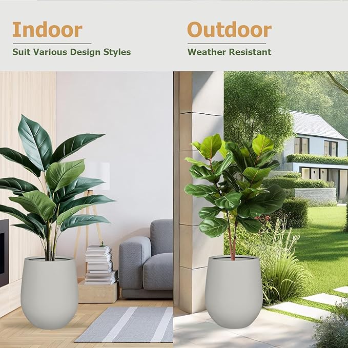 21" H x 19" D Corso Fiberstone Round Tapered Planter with Drainage Hole, Smooth Finishes, Weather Resistant for Indoor and Outdoor Use (Light French Gray, 15" Pot Opening)