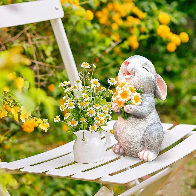 Solar Rabbit Garden Statues Outdoor Bunny Decor Resin Rabbit Figurine Holding Sunflower with LED Lights for Proch Patio Lawn Yard Mothers Day Gardening Gifts for Mom Grandma